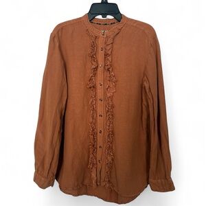 Anthropologie Pilcro ruffled placket shirt size small orange linen blend button